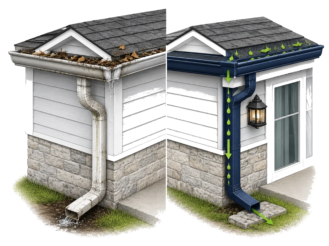 Side-by-side comparison: an old clogged white gutter overflowing with leaves and staining the siding, versus a new navy seamless gutter with leaf guard draining cleanly