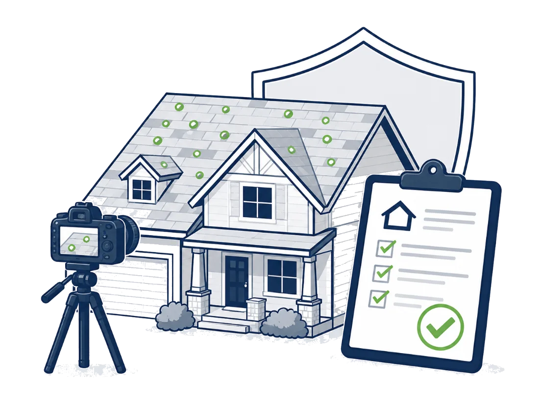 Illustration of a roof insurance claim: hail damage documented with a camera and an approved claim checklist, backed by an insurance shield