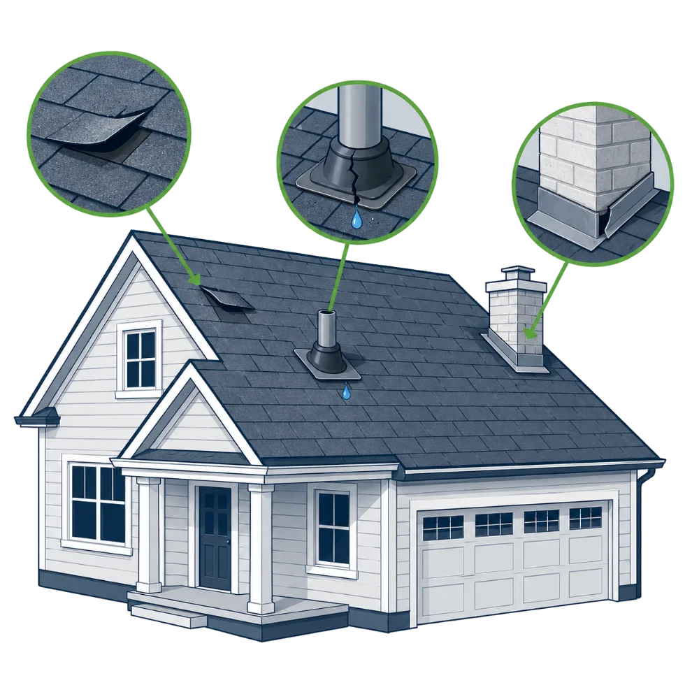 Diagram of the three most common roof repairs: lifted shingles, cracked pipe boot leaks, and chimney flashing