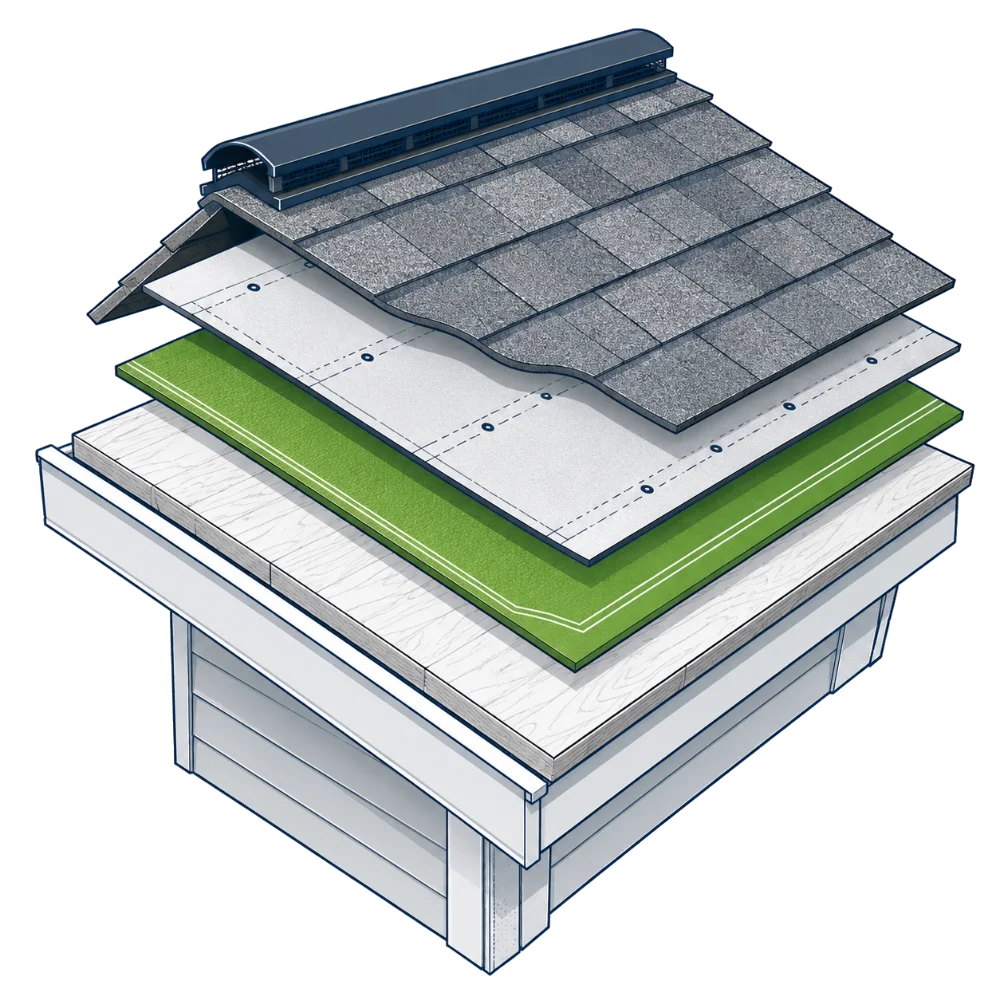 Exploded diagram of a complete roof replacement system: decking, ice-and-water shield, synthetic underlayment, architectural shingles, and ridge vent