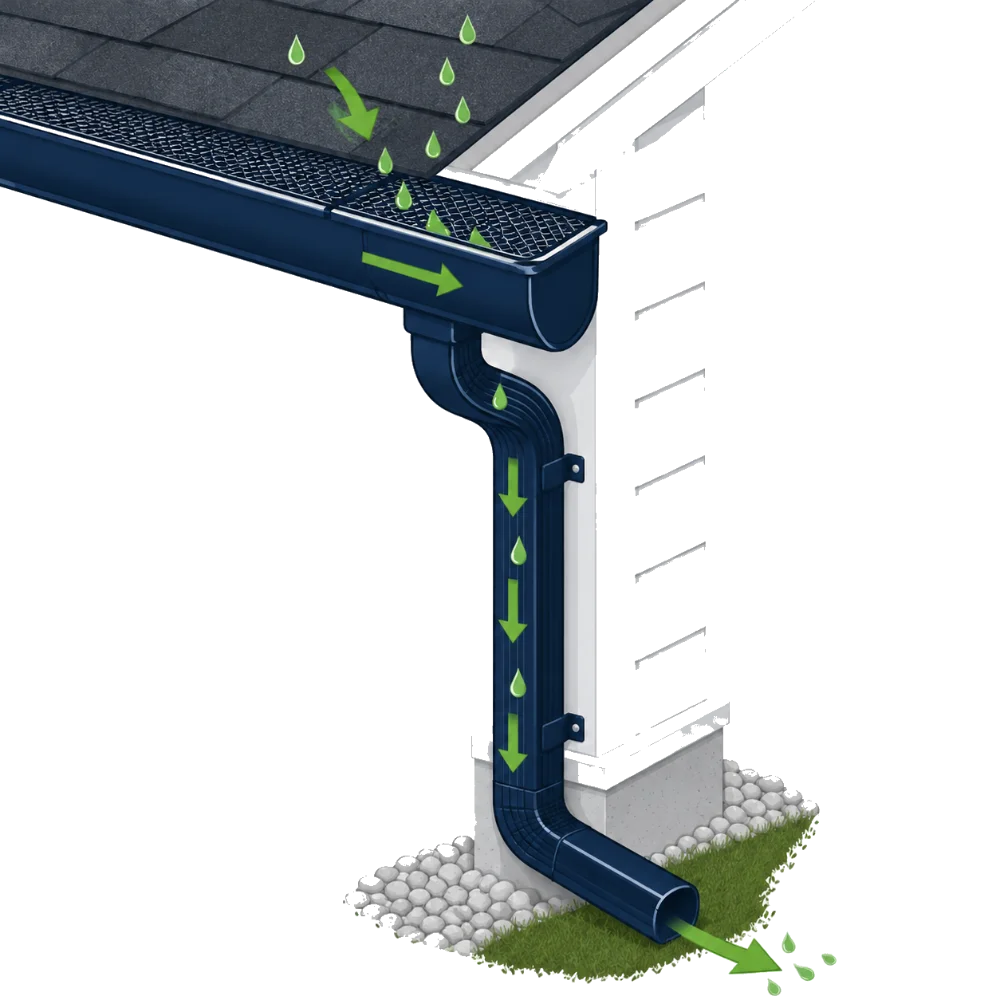 Diagram of a seamless gutter system with leaf guard, showing rainwater flowing off the roof, through the gutter and downspout, away from the foundation