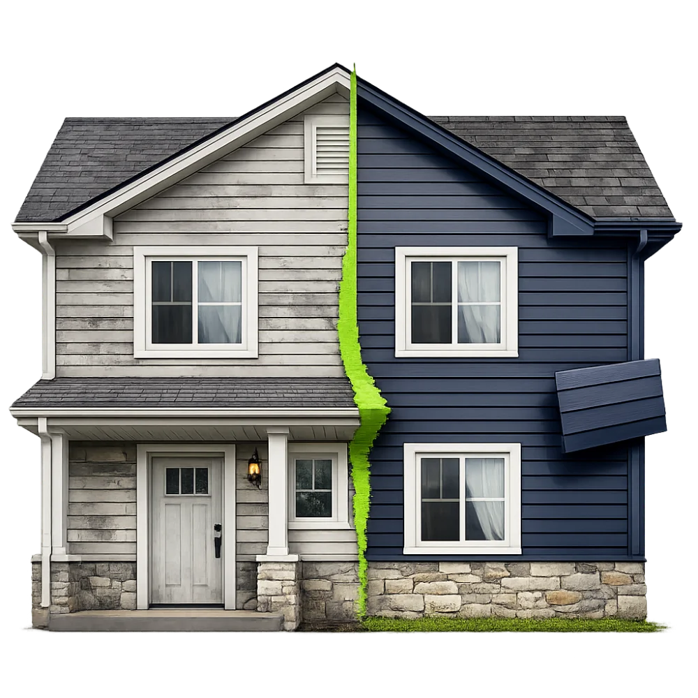 Before and after siding replacement: faded old siding on one half of a home, new deep navy lap siding on the other